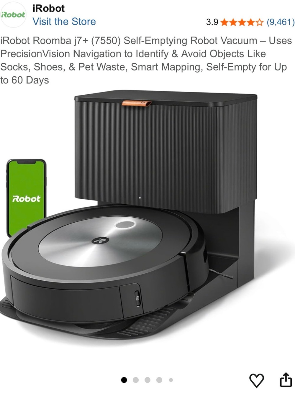 iRobot Roomba j7+ Self-Emptying Robot Vacuum in Black with Silver Top